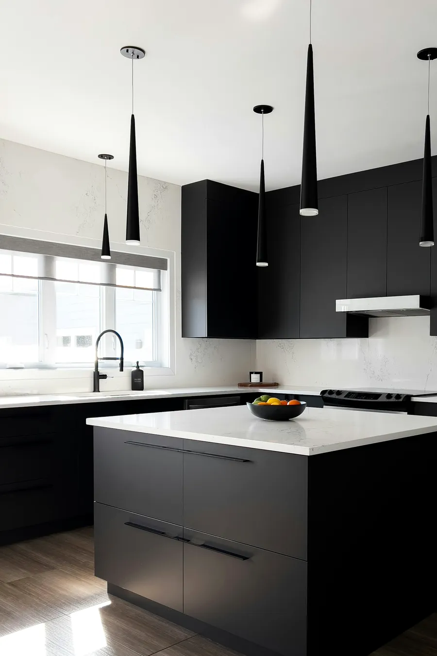 Modern kitchen with matte black cabinetry and a large island